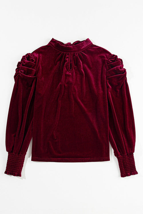 Green Mock Neck Puff Sleeve Velvet Blouse