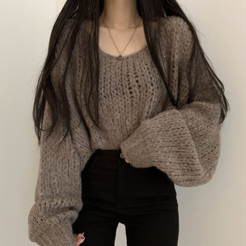 Candy-colored pullover sweater with loose and laid-back style and frilly sleeves