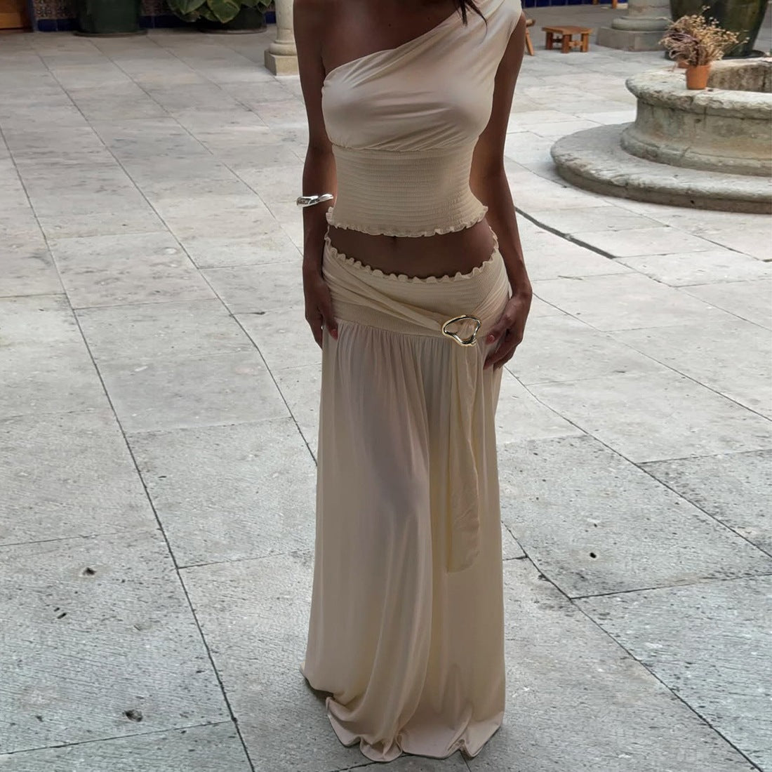 Sexy Summer Women's Sleeveless Fashion Pull-Ring Waist-Cinching Long Dress New Style One-Shoulder Two-Piece Set