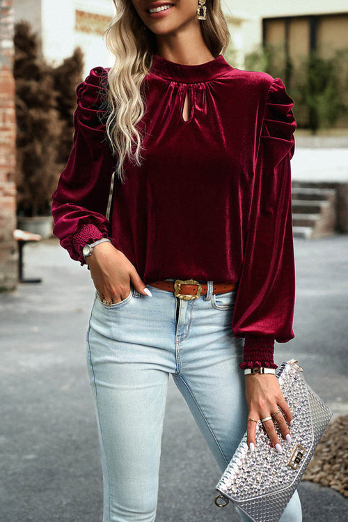 Green Mock Neck Puff Sleeve Velvet Blouse