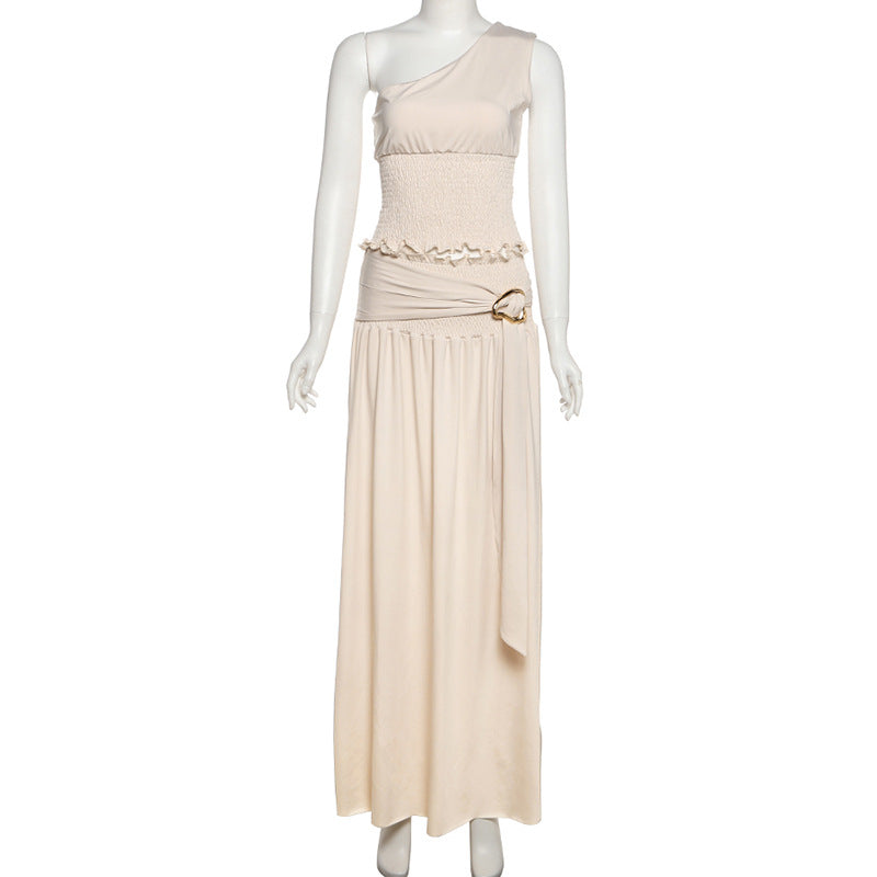 Sexy Summer Women's Sleeveless Fashion Pull-Ring Waist-Cinching Long Dress New Style One-Shoulder Two-Piece Set