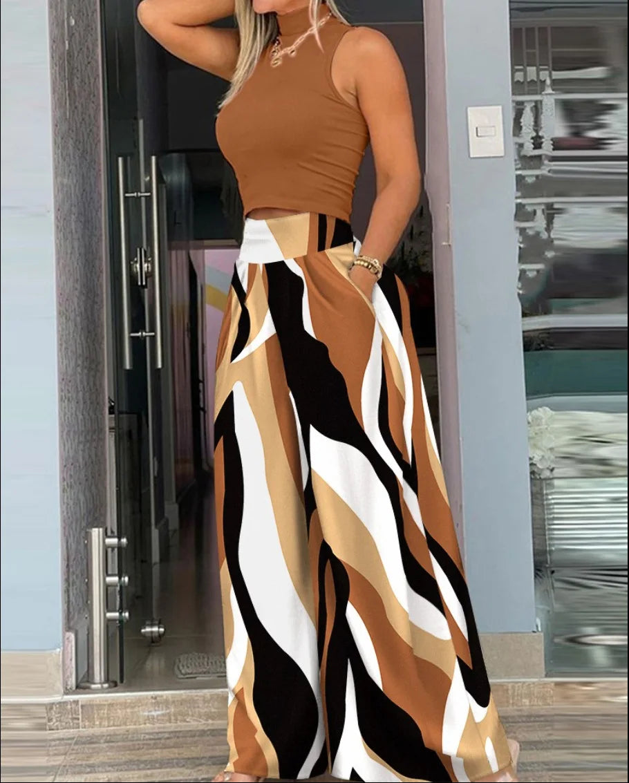 Summer Clothes Women 2024 Women Clothin Print Two-piece Set, Smooth Sleeveless T-shirt, Wide Leg Pants, 2024 Fashion Clothing