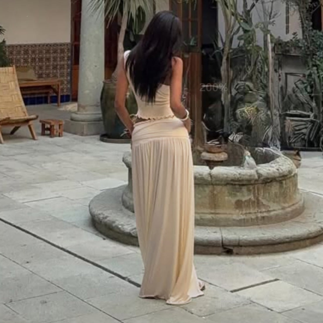 Sexy Summer Women's Sleeveless Fashion Pull-Ring Waist-Cinching Long Dress New Style One-Shoulder Two-Piece Set
