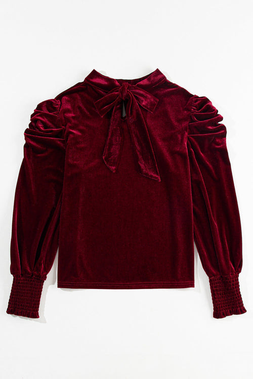 Green Mock Neck Puff Sleeve Velvet Blouse
